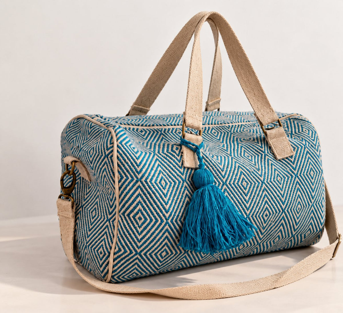 Cotton Duffel Throw Bag in Teal Diamond