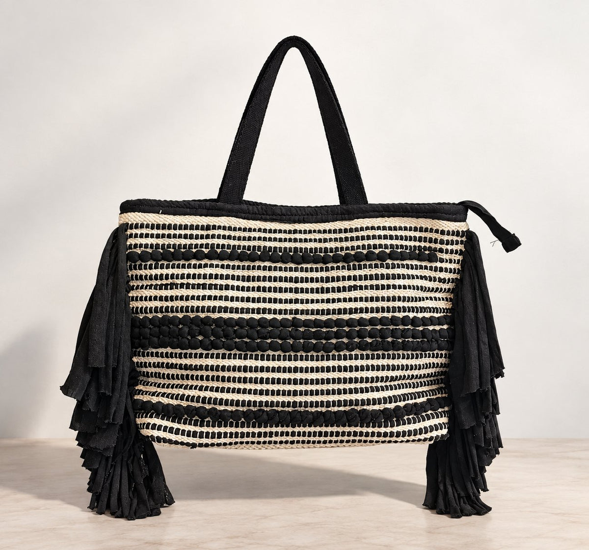 Cotton Fringe Tote Bag in Black