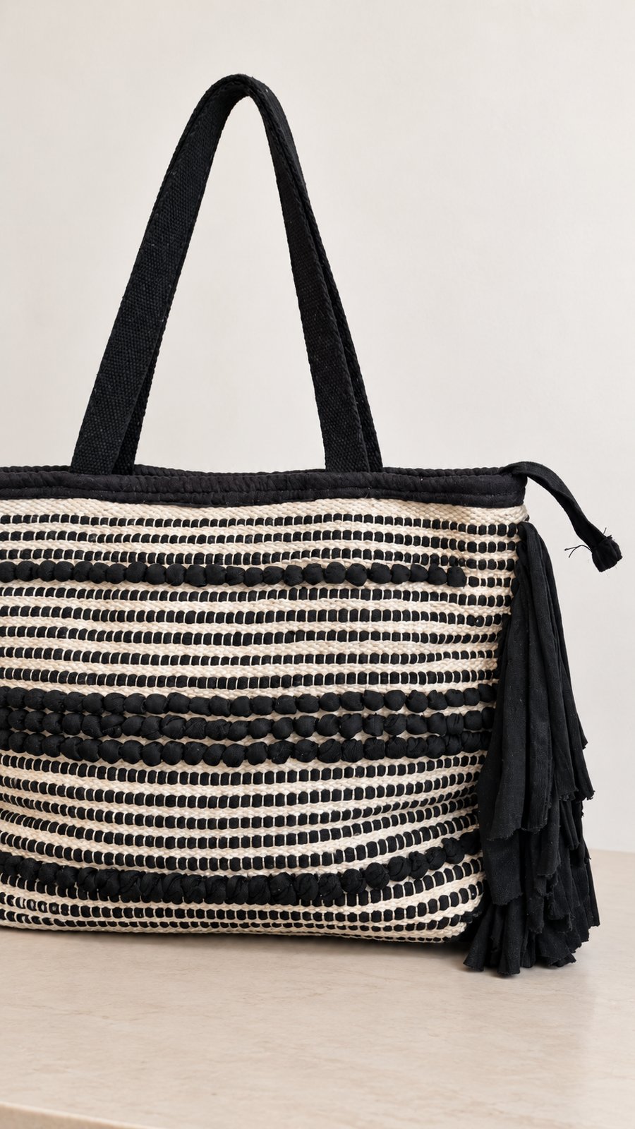 Cotton Fringe Tote Bag in Black