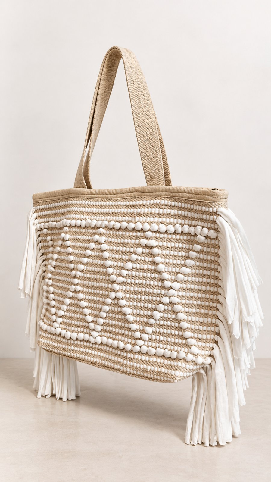 Cotton Fringe Tote Bag in White