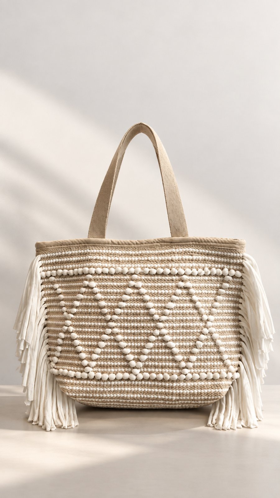 Cotton Fringe Tote Bag in White