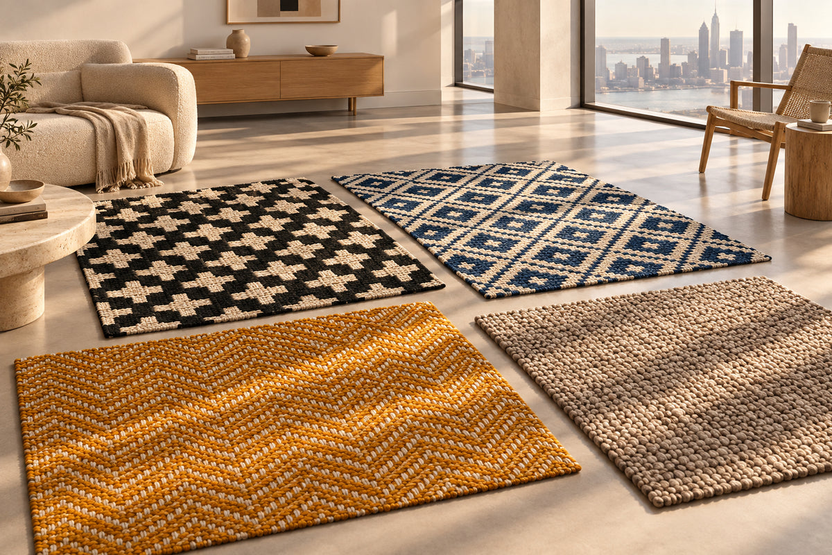 Four vertical fabric swatches showing different woven textile patterns: a black and beige houndstooth, a navy and beige diamond lattice, a mustard yellow and beige herringbone, and a natural tan bouclé texture.